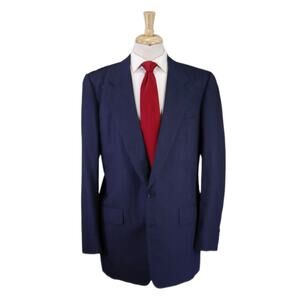 Custom Made Navy Blue Tic Woven 2-Btn Wool Cashmere Suit 42L